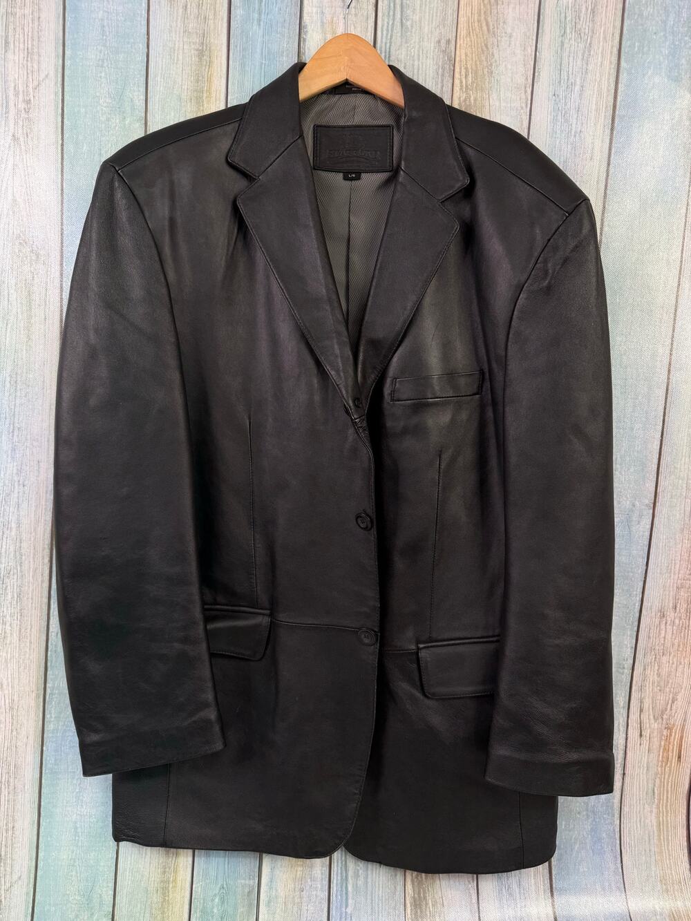 Stafford Executive Black Leather Blazer Size Large Two Button Biker Wedding